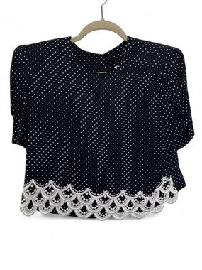 Vintage Jessica Howard Polka Dot Navy Cropped Top with Scalloped Lace Hem